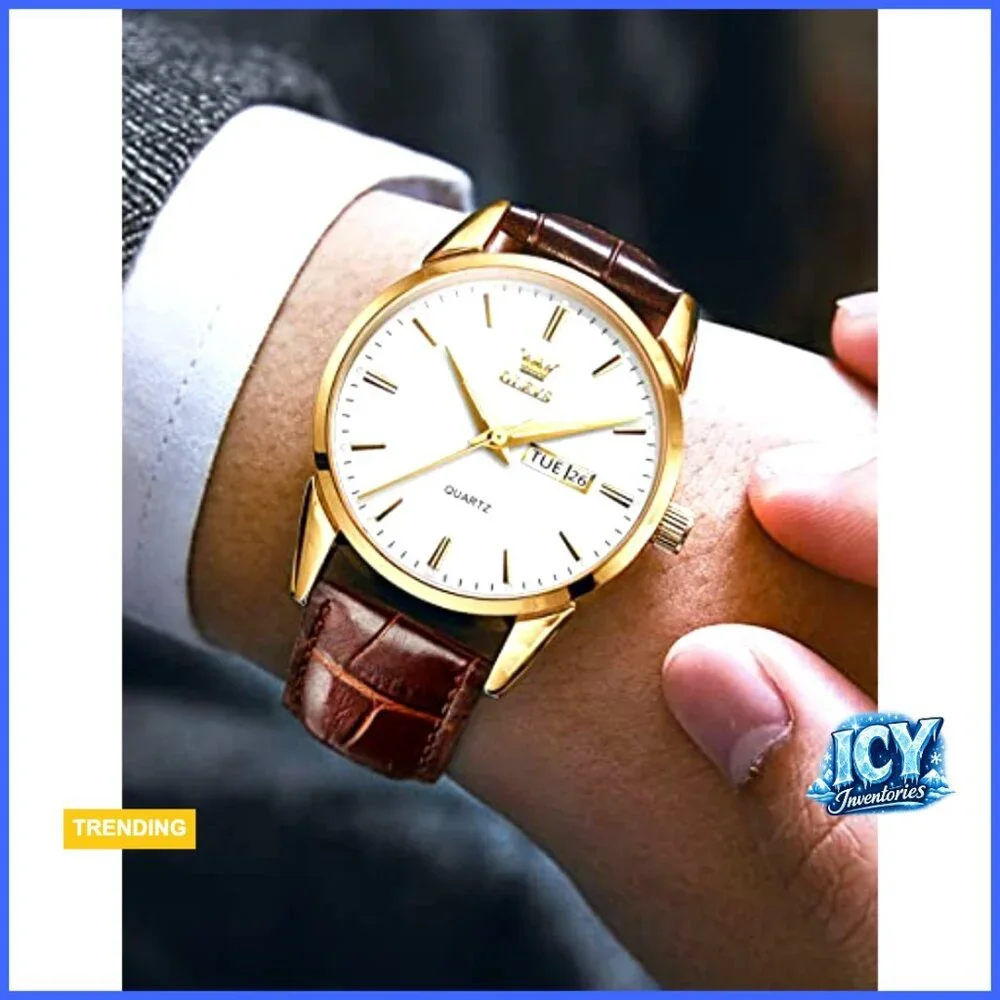 Men's Casual Leather Watch with Date Waterproof Quartz Movement